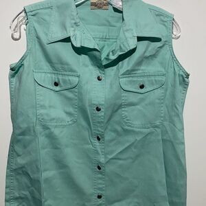 Denim Republic Women's Green Collared Cotton Sleeveless Shirt Size Medium